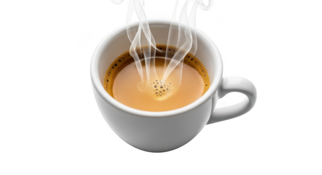 A steaming cup of hot coffee with rich crema and steam rising isolated on transparent background
