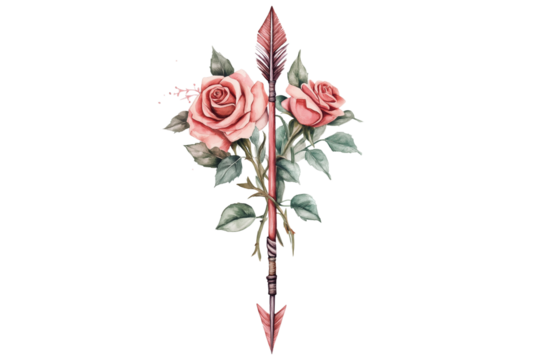 Sagittarius Arrow with Roses Watercolor Illustration on Transparent Background