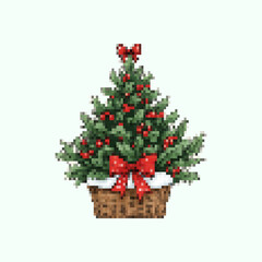 Pixelated Art Ribbon Christmas Tree in Basket