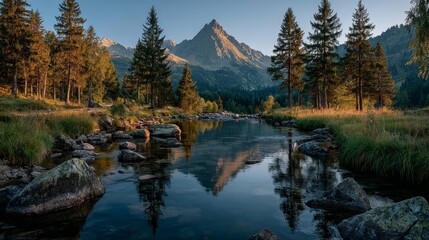 Tranquil Mountain Lake Reflecting Majestic Peaks at Sunset