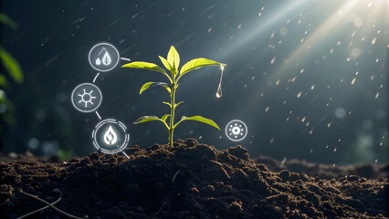Young plant with renewable energy UI glyphs