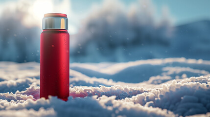Red thermos bottle standing in snow with sunlight background  