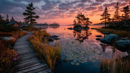 Serene Lakeside Path at Sunset with Reflecting Sky