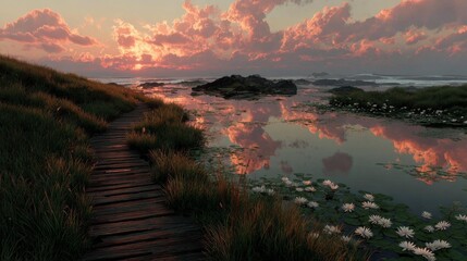 Serene Waterside Path at Golden Hour Sunset Reflection