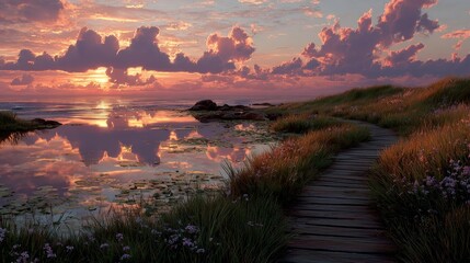Serene Coastal Path Bathed in Golden Sunset Light