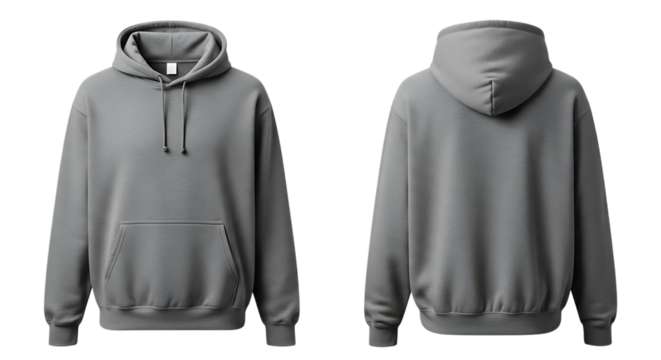 Plain grey hooded sweatshirt, front and back view, customizable.