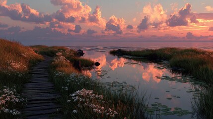 Tranquil Waterside Path Amidst Golden Hour Clouds