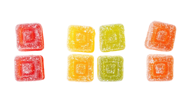 Assortment of colorful gummy candies isolated on transparent background