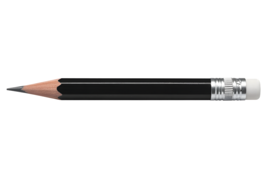 Sharp black pencil with eraser isolated on transparent background