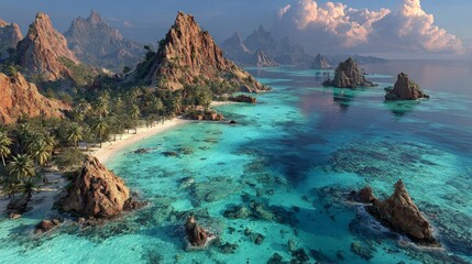 Tropical island paradise with crystal clear turquoise waters and lush green palm trees