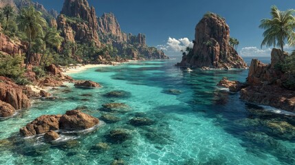 Turquoise tropical island cove with clear blue water and lush green jungle