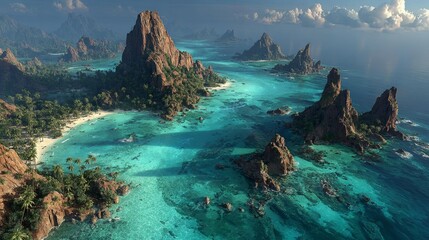 Exotic island paradise with vibrant turquoise waters and lush green mountains