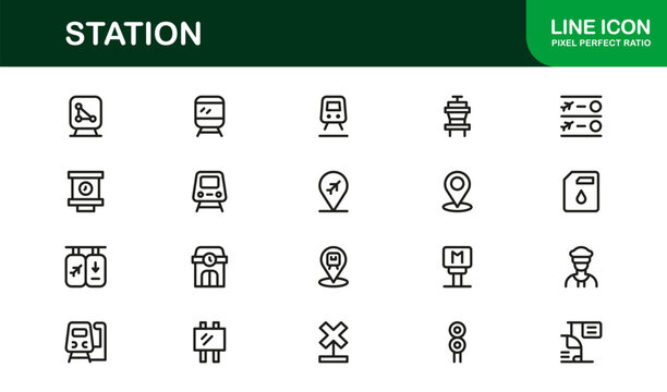 Elegant Station Icon Library illustrating Railway Terminals, Bus Hubs, Metro Lines, and Travel Tools

