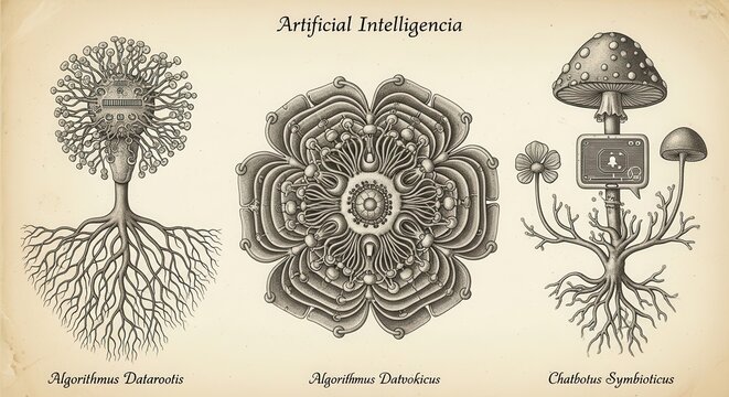 Artificial Intelligencia Illustration: A meticulously drawn artistic representation showcasing the fusion of nature and technology through botanical and machine symbiosis.