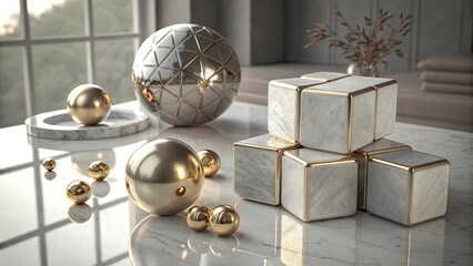 An elegant minimalist composition displaying metallic spheres and reflections on a smooth surface with soft lighting and depth for modern design.