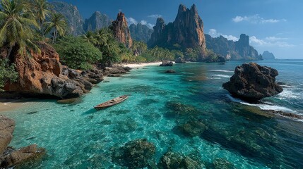 Tropical Paradise Island With Clear Turquoise Ocean Water and Lush Green Mountains