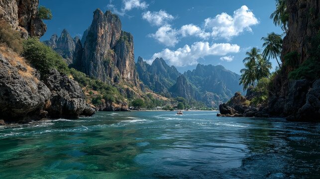 Epic tropical island cove with majestic rocky mountains and crystal clear turquoise water - Powered by Adobe