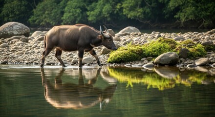 Wild bull standing on a rocky riverbank in the tropical jungle