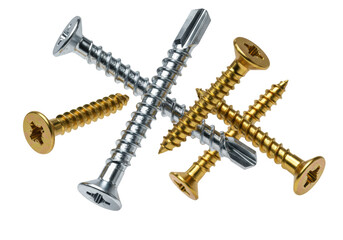 Five photorealistic industrial chrome and gold screws floating dynamically against a transparent background with copy space. Concept of construction and hardware