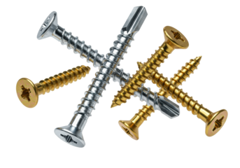 Five photorealistic industrial chrome and gold screws floating dynamically against a transparent background with copy space. Concept of construction and hardware