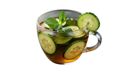 Refreshing cucumber mint infused water in a clear glass mug with slices of cucumber and fresh mint leaves isolated on transparent background