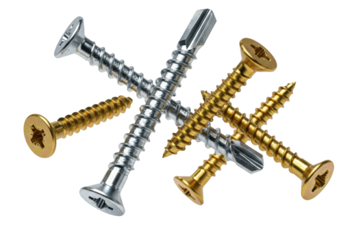 Five photorealistic industrial chrome and gold screws floating dynamically against a transparent background with copy space. Concept of construction and hardware