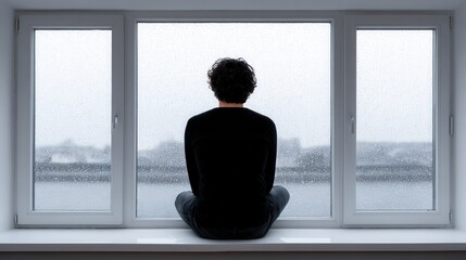 A solitary figure sits on a windowsill, gazing out at a rainy landscape. The mood is reflective and introspective, capturing a moment of solitude.