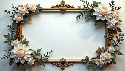 Beautifully designed decorative frame with large white flowers and green foliage, ornate gold finish, blank center for text