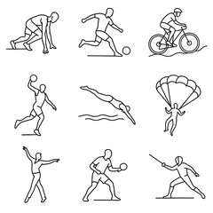 Sports line icons depicting various athletic activities and exercises  