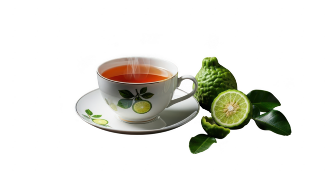 A steaming cup of herbal tea served in a decorative teacup with a saucer next to a fresh kaffir lime fruit and leaves isolated on transparent background - Powered by Adobe