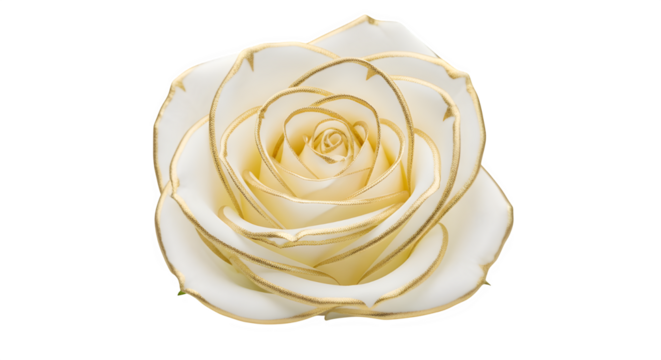 Closeup of a pristine white rose with delicate golden edges, , showcasing its intricate petal arrangement and the subtle shimmer of gold accents, creating a luxurious and elegant floral display