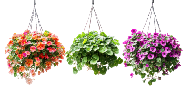 Three colorful hanging flower baskets isolated on transparent background