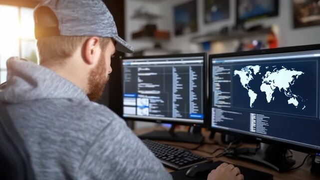 Man working computer: hacker skill, digital code, cyber threat, data breach, system access, keyboard typing, network intrusion, encrypted file, software crack, security flaw, cyber attack