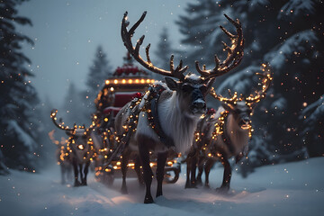 Reindeer on a sledge in the snow 
