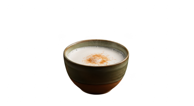 A refreshing cold beverage with a creamy white liquid and a sprinkle of light brown flakes on top isolated on transparent background