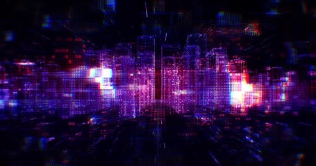 Futuristic abstract digital city skyline with glowing neon lights. Abstract 3d technology background animation. - Powered by Adobe