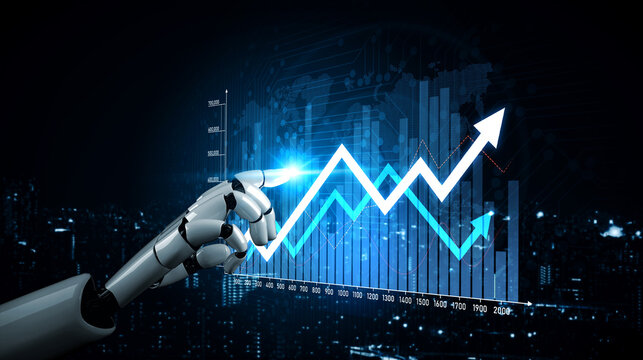 A robotic arm interacts with a digital graph, symbolizing financial growth and technology role in advancing business analytics and data-driven decision making. Scalp