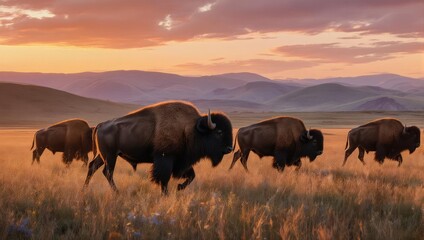Herd of Bison Roaming Across a Grassy Plain at Sunset.