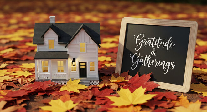 A miniature white house and sign with "Gratitude & Gatherings" text on leaves. Symbolic of family, autumn gatherings, thanksgiving holiday