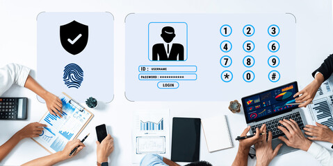 This image showcases a secure user login interface featuring fingerprint recognition and password entry, set against a backdrop of modern data analytics charts and tools. Trope