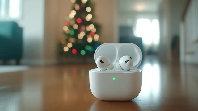 Hand holding wireless earbud case with green indicator light near blurred festive tree and sofa