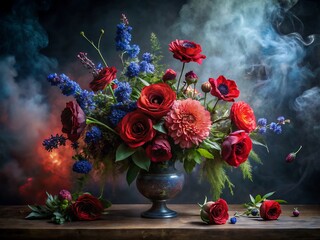 Dramatic floral arrangement featuring red roses and blue delphiniums in a vase with a smoky, artistic background