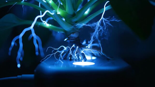 Abstract plant root system with electrical visual effect, blue light.