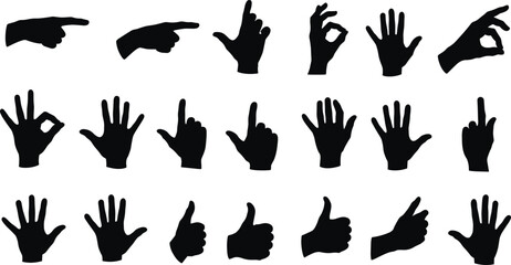 Human hand gesture silhouette collection vector illustration, various finger signs isolated on white background, communication, signal, symbol, body language concept © MstBeauti