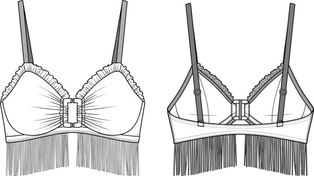 Lingerie bra vector illustration, front and back technical fashion flat with ruffle trim, fringe hem detail, adjustable straps, and stylish design template