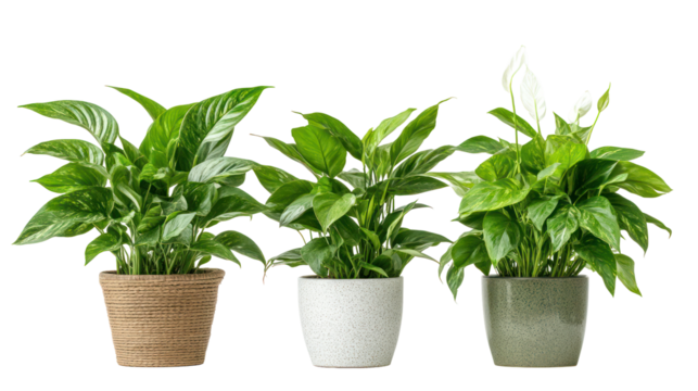 Three potted green houseplants with white flowers isolated on transparent background