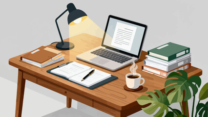 Business desk collection, cartoon hand-drawn vector illustrations, business work scenarios: computers, chairs, documents, stationery, desks
