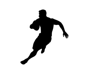 Silhouette of a male athlete running with a football in a dynamic pose against a white background