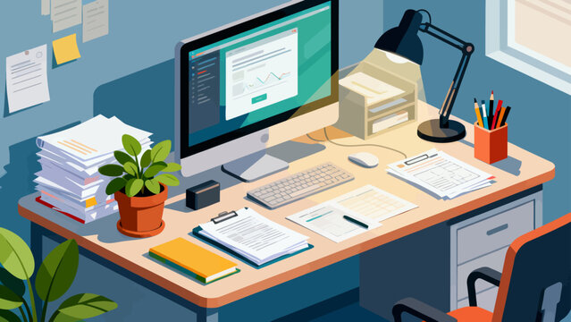 Business desk collection, cartoon hand-drawn vector illustrations, business work scenarios: computers, chairs, documents, stationery, desks