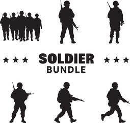 Soldier Silhouette Bundle Vector Collection
Military Soldier Silhouettes with Rifles and Gear
Army Troops Silhouette Set for Graphic Design